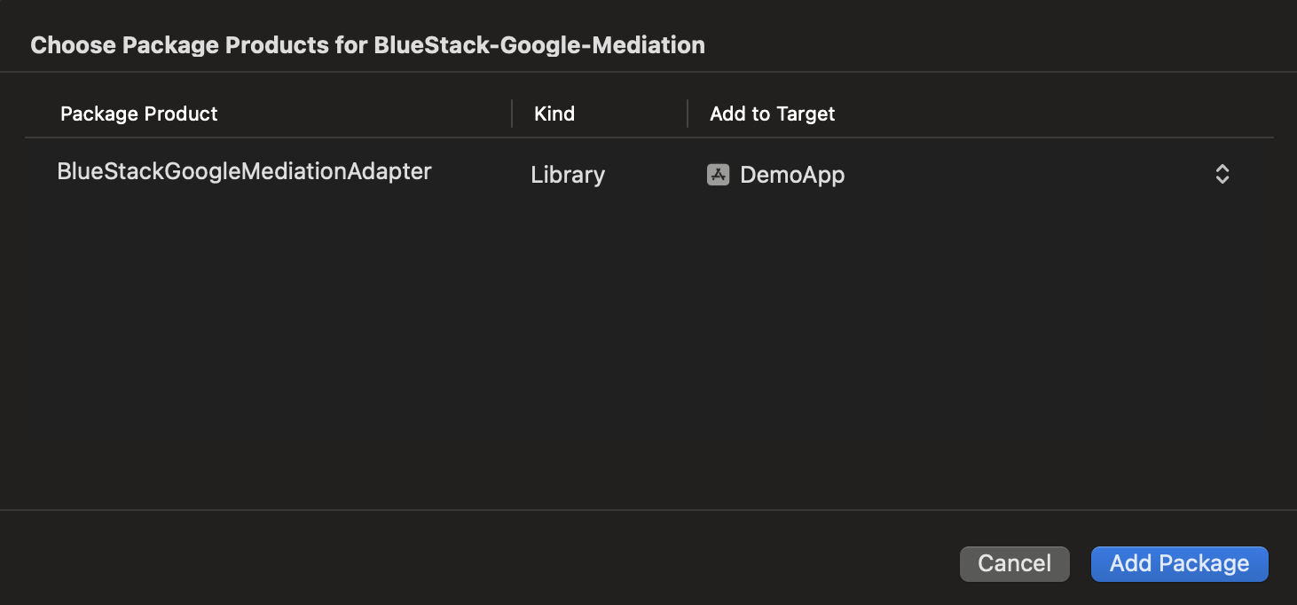 Add BlueStackGoogleMediationAdapter to target